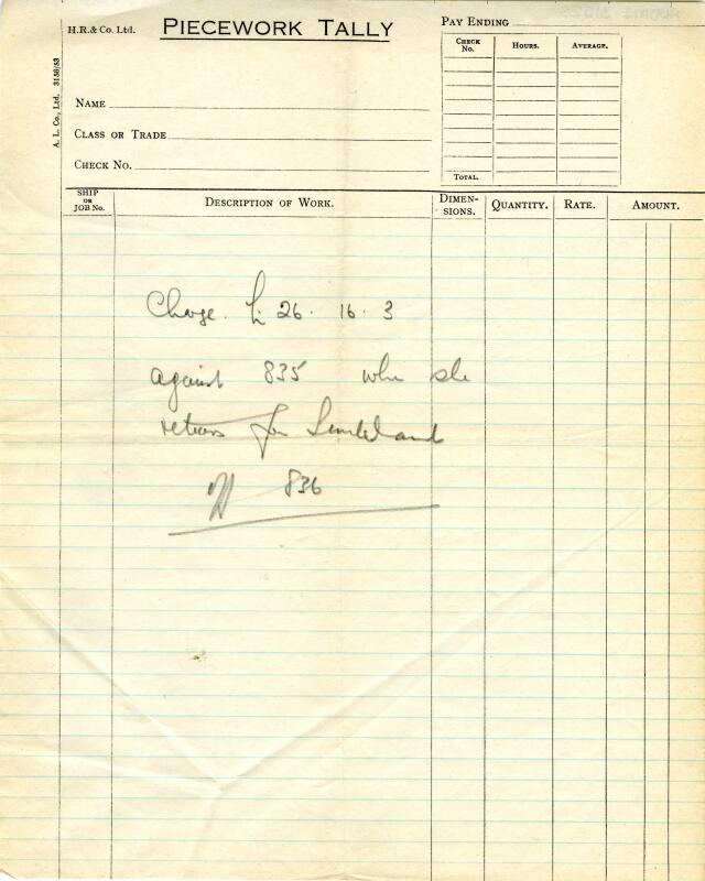 Hall Russell Piecework Tally, Printed Sheet. Note Written On Sheet Refers To Ship No 835, Sir D…