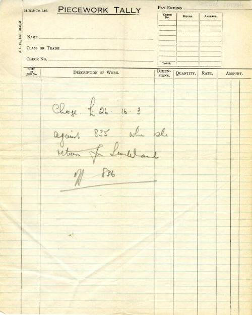 Hall Russell Piecework Tally, Printed Sheet. Note Written On Sheet Refers To Ship No 835, Sir D…
