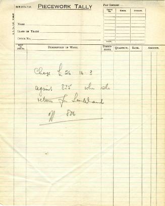 Hall Russell Piecework Tally, Printed Sheet. Note Written On Sheet Refers To Ship No 835, Sir D…