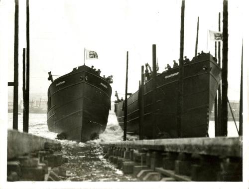 Black and white photograph showing the Launch of the trawlers 'Strathblair' and 'Strathborve' A…