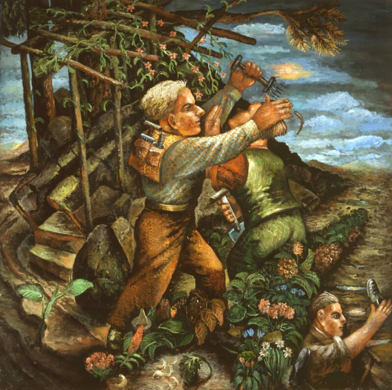 Gardening Barbers Debating In A Small Airplane Garden 
Steven Campbell