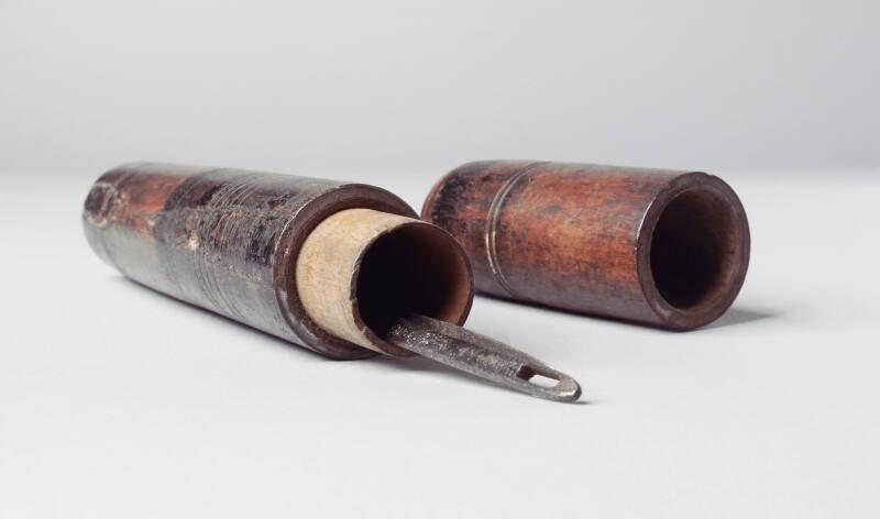 Two Sailmaker's Needles In Cylindrical Wooden Case, 19th C