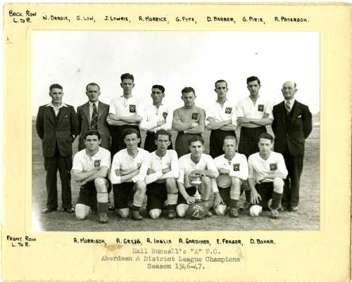 Black and white photograph Showing Hall Russell's 'a' Football Club, Aberdeen & District League Champions, 46-7