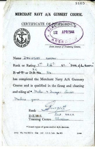 Certificate Of Proficiency For Merchant Navy Gunnery Course, For Gordon Davidson