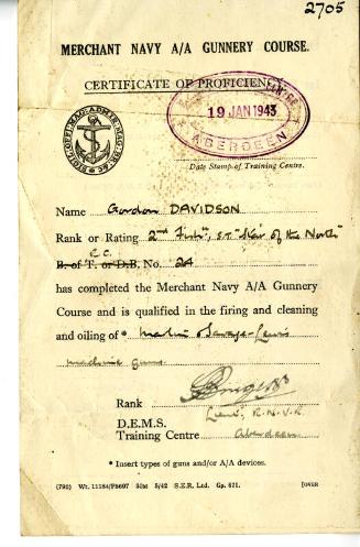 Certificate Of Proficiency For Merchant Navy A/A Gunnery Courseissued To Gordon Davidson