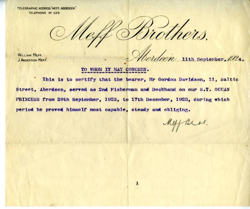 Reference From Meff Brothers For Gordon Davidson, Second Fisherman On 'ocean Princess'