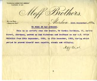 Reference From Meff Brothers For Gordon Davidson, Second Fisherman On 'ocean Princess'