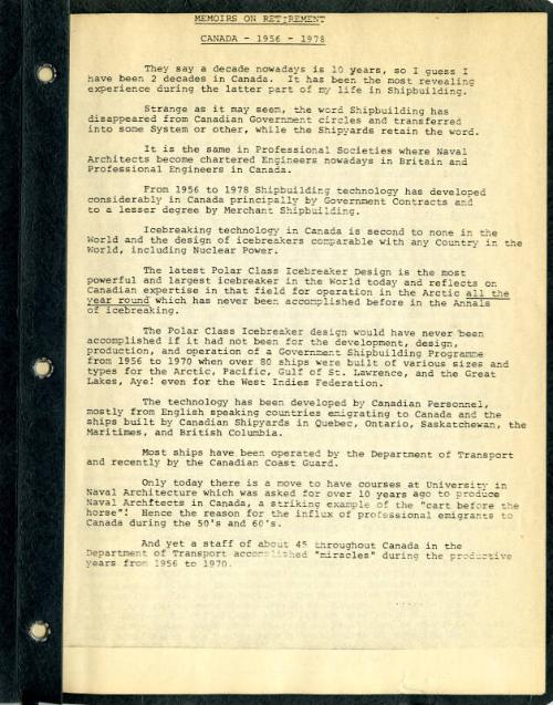 Memoirs in Canada 1956 - 1978