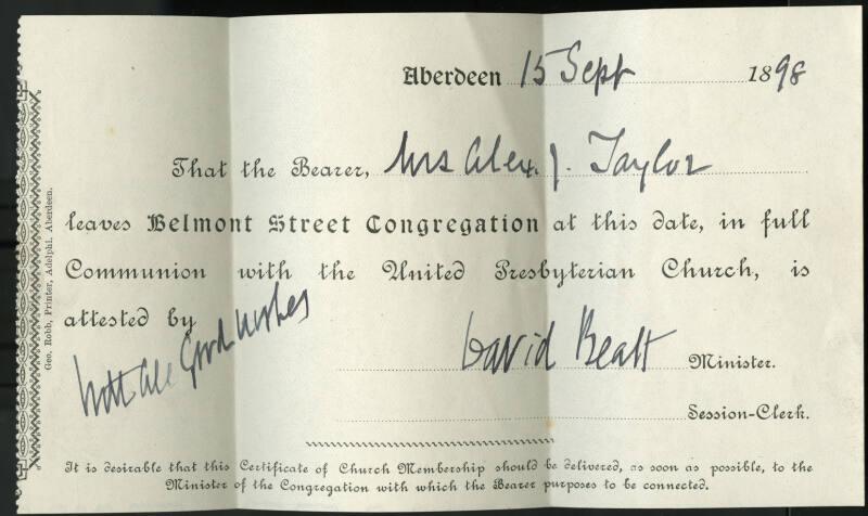 From Belmont Street Congregation Certifying that Bearer was in Full Communion with United Presbyterian Church
