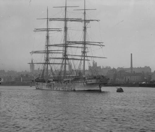 Glass plate showing a large sailing vessel in Aberdeen Harbour