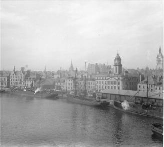 Three cargo vessels in Upper Dock, Aberdeen Harbour. All seem to be loading/unloading coal, var…