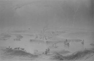 blurred copy of an engraving showing the mouth of Aberdeen Harbour