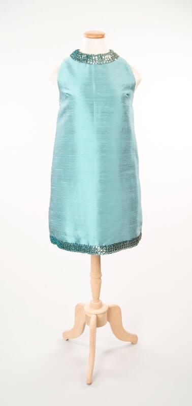 Turquoise slub silk and sequin trapeze-line dress