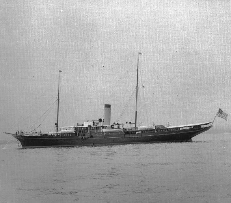 Glass plate with a view of an unidentified steam yacht flying an American flag