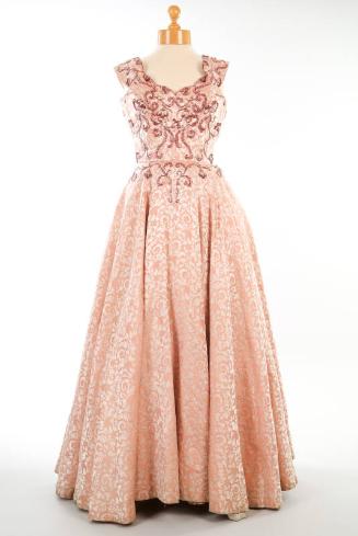 Peach Beaded Brocade Evening Dress