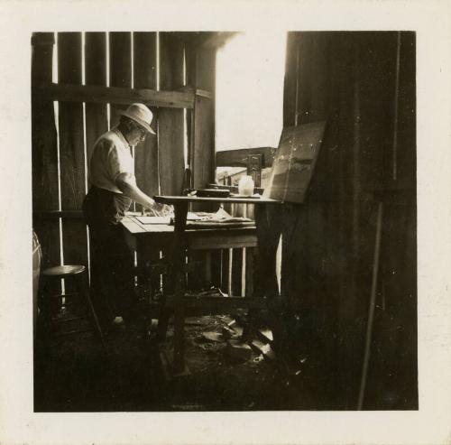 James McBey working in Pedro Fernandez's Barn, Killingworth, Connecticut