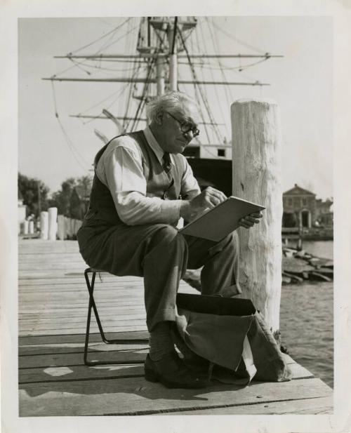 James McBey Sketching at Mystic Seaport