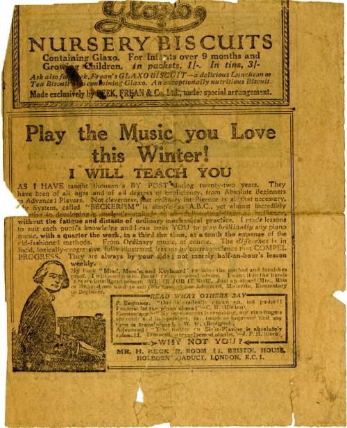 Daily Mail Advertisement for Cliftons Chocolates & Mr Beck's Piano Tutoring