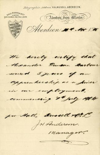 Hall Russell's Shipbuilders letter of reference to Mr Alexander Barbour