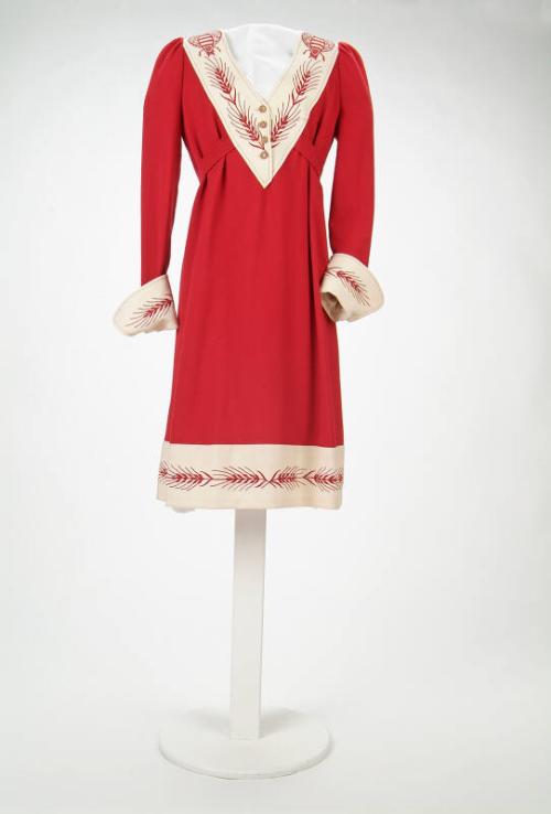 Red Wool Dress with Cream Trim