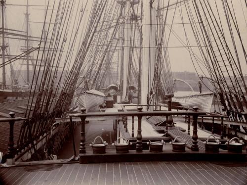 Black and white photograph along the deck of the clipper 'Port Jackson'