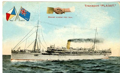 Colourised Postcard of steamship Plassy underway at sea