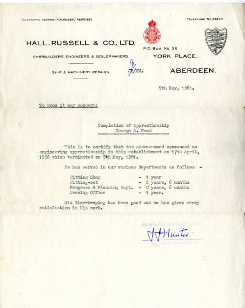 Letter of Completion of Apprenticeship for George Wood