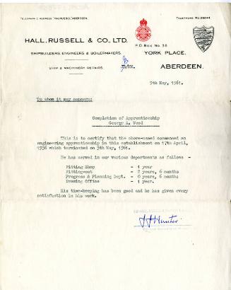Letter of Completion of Apprenticeship for George Wood
