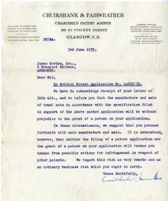 Letter relating to Patent application 'Improvements to trawl nets' to James Gordon