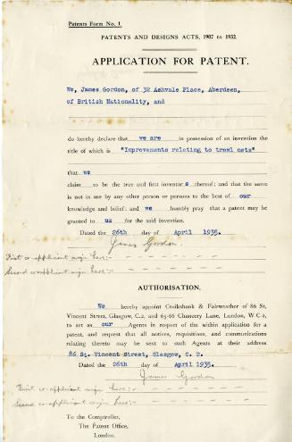 Application for patent "Improvements relating to trawl nets" from James Gordon