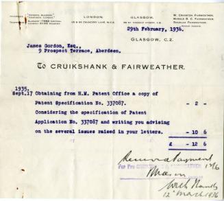 Receipt relating to Patent application 'Improvements to trawl nets' to James Gordon