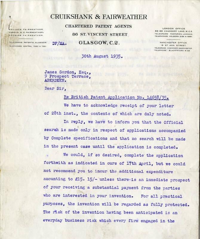 Letter relating to Patent application 'Improvements to trawl nets' to James Gordon