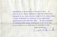 Letter relating to Patent application 'Improvements to trawl nets' to James Gordon (reverse)