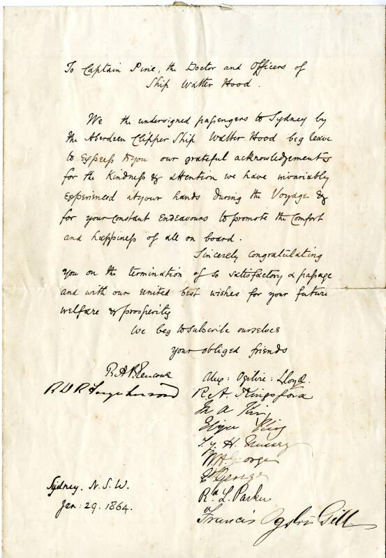 Letter to captain Pirie from the passengers of the Walter Hood