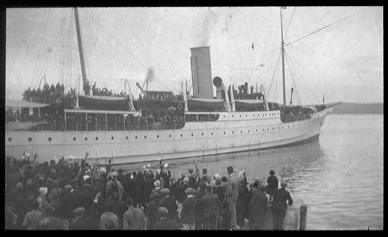 glass lantern slide showing 'St Sunniva' (II) leaving Lerwick.