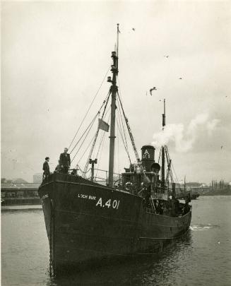 Black and white photograph showing the bow and port side of the trawler A401 Loch Buie in the A…