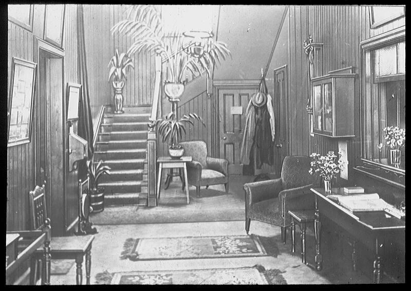 glass lantern slide showing the entrance hall of the St Magnus Hotel, Hillswick, owned by North…