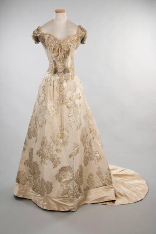 Ivory Satin Brocade Evening Dress