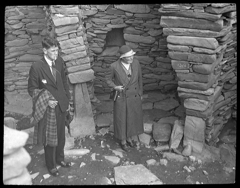 glass lantern slide showing interior, excavations, Jarlshof
