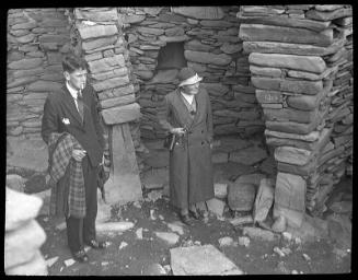 glass lantern slide showing interior, excavations, Jarlshof