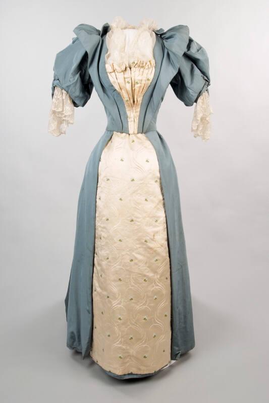 Steel Blue and Cream Silk Evening Dress