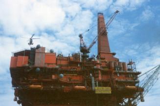 Colour photograph of Murchison Platform with helicopter