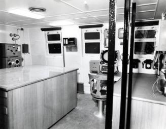 Black and white photograph showing interior of  the Discovery