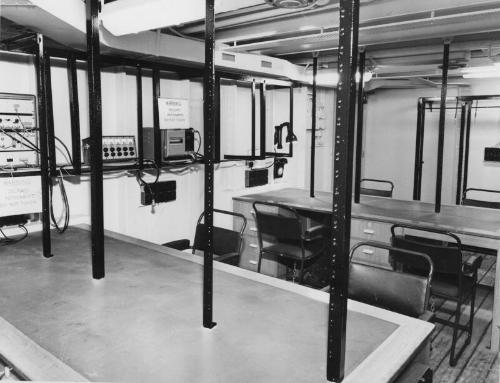 Black and white photograph showing interior of  the Discovery