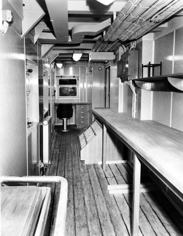 Black and white photograph showing interior of  the Discovery