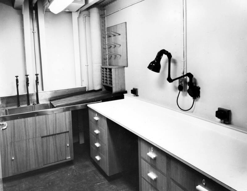 Black and white photograph showing interior of  the Discovery