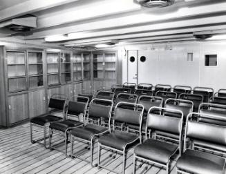 Black and white photograph showing interior of  the Discovery