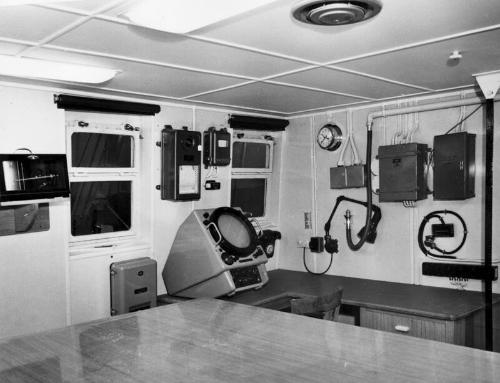 Black and white photograph showing interior of  the Discovery