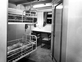 Black and white photograph showing interior of  the Discovery