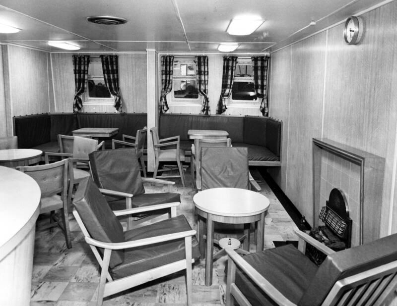 Black and white photograph showing interior of  the Discovery